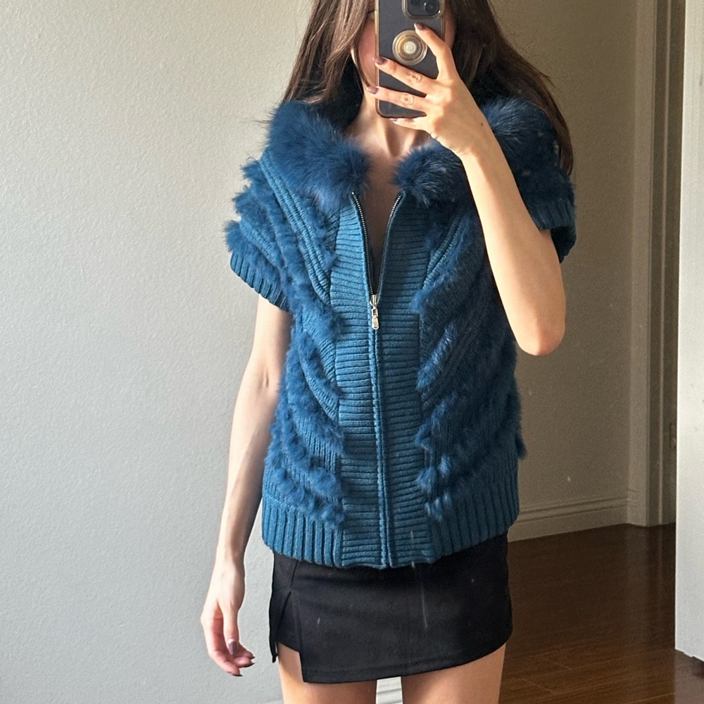 Y2k Blue Fur-Trimmed Women's Sweater